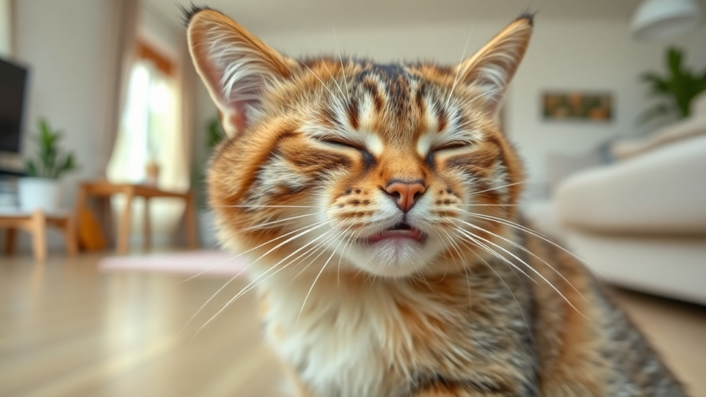 A cat scratching itself in a clean living room, showing signs of flea irritation.