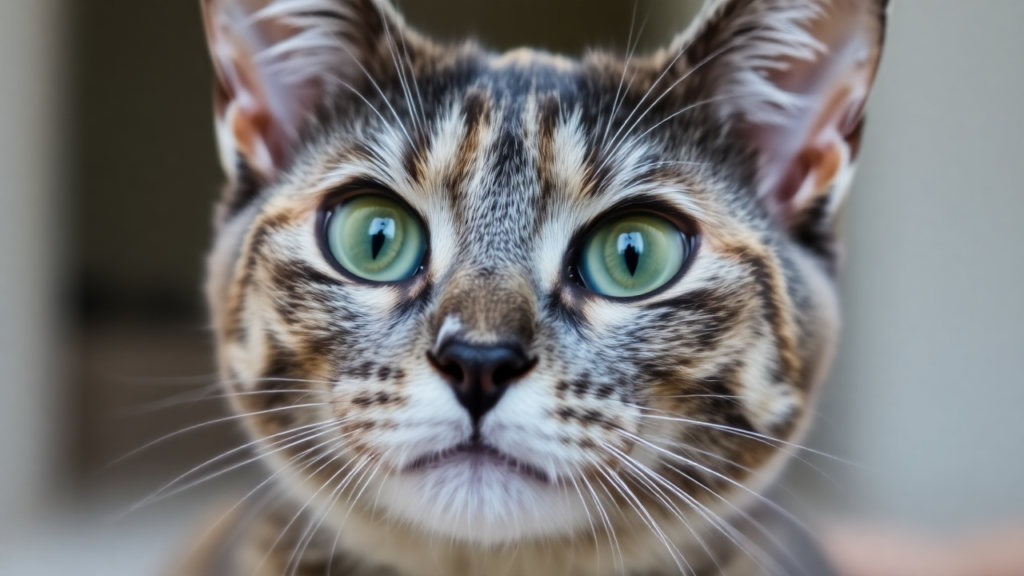 A close-up of a dilute tortoiseshell cat’s face with gray and cream fur, gazing curiously with bright green eyes.