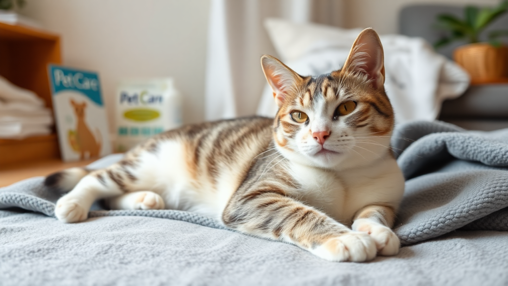 A calm cat lying on a cozy blanket at home, looking healthy and content