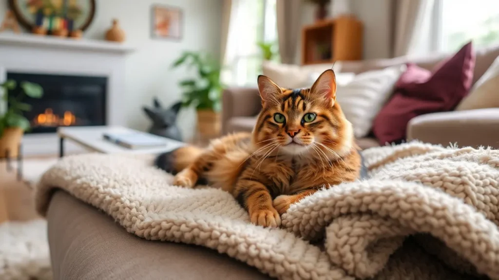 A relaxed cat lounging on a fluffy blanket in a clean, cozy living room.