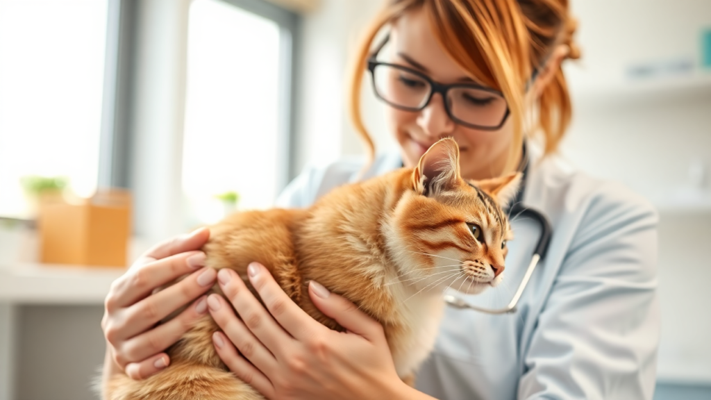 A veterinarian examining a cat's coat in a clean clinic.