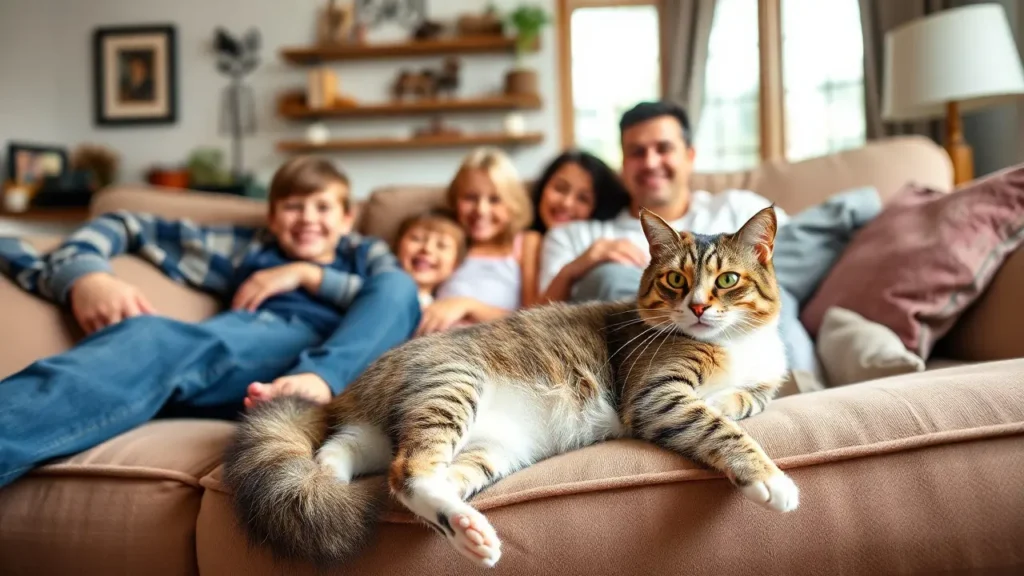 A happy family with a Maine Coon cat lounging comfortably in a stylish living room.