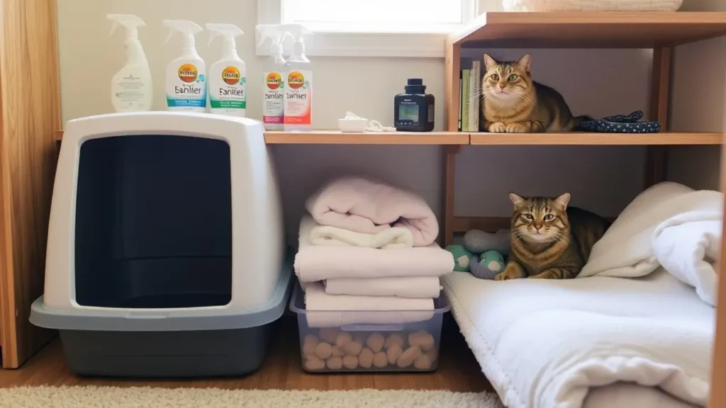 A clean cat living area with a sanitized litter box and bedding.