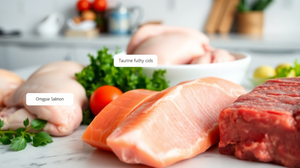 A close-up of fresh ingredients like real chicken and salmon, labeled with essential nutrients such as taurine and omega fatty acids.