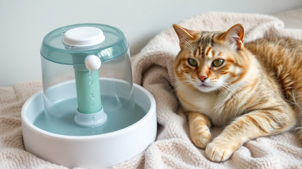 A senior cat resting next to a water fountain designed for hydration.