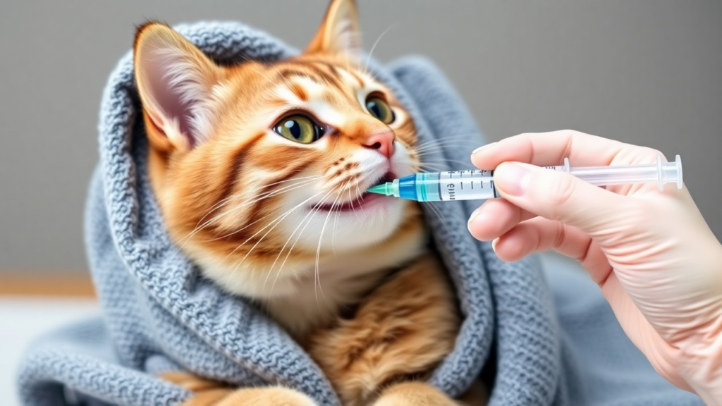 A syringe gently placed at the corner of a cat’s mouth while the cat is securely wrapped in a towel.