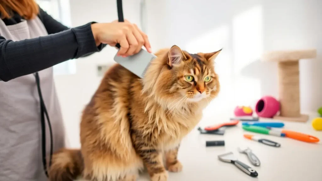 Maine Coon cat being groomed with professional tools in a well-equipped space.