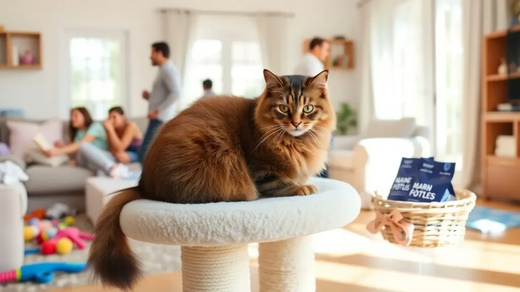 Maine Coon cat on a soft cat tree with toys, grooming tools, and premium cat food nearby in a sunlit living room.