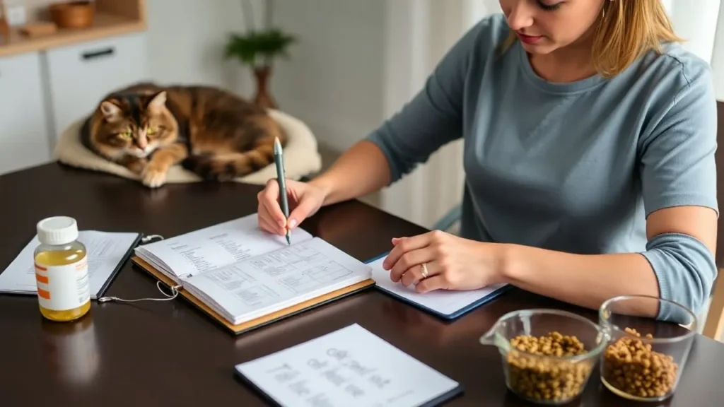 A cat owner journaling symptoms while their cat rests nearby.