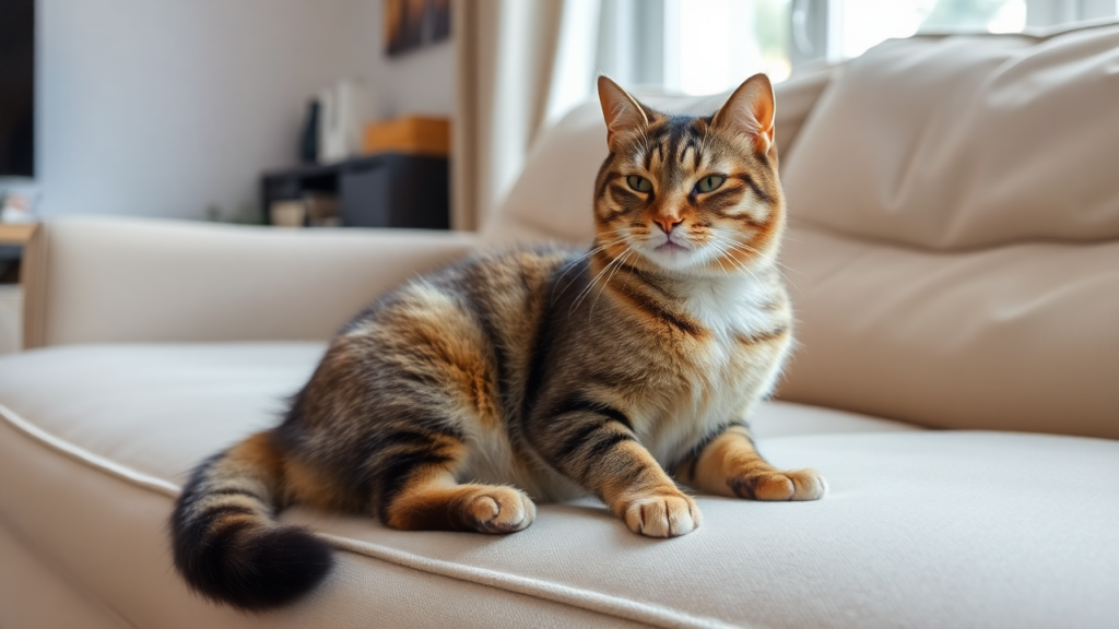 A calm cat sitting on a cozy couch in a serene, well-lit living room.