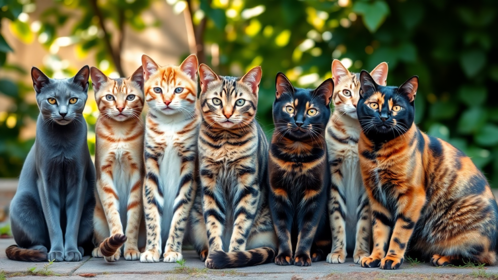 A group of cats with various coat patterns, including grey, orange and white, brindle, brown tabby, and black and orange tortoiseshell, sitting in a lush garden.