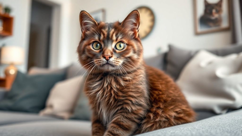 A close-up of a Selkirk Rex cat with soft, plush, curly fur sitting on a cozy couch in a warmly lit living room.