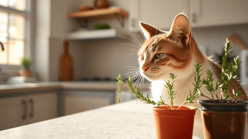 Is rosemary safe for cats? A curious domestic cat sniffing a sprig of rosemary in a well-lit kitchen.