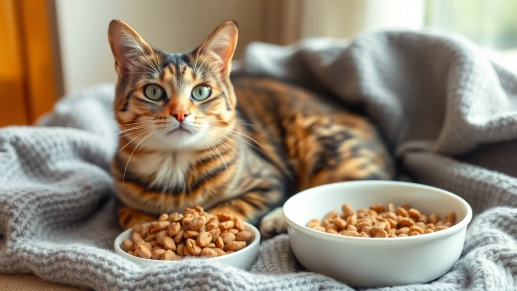 A senior cat sitting on a cozy blanket near a bowl of soft cat food, with natural lighting highlighting its shiny coat and healthy appearance.