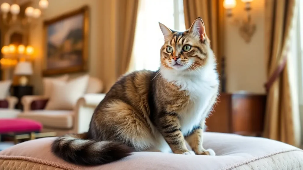 Majestic Maine Coon cat sitting on a plush cushion in a luxurious indoor setting.