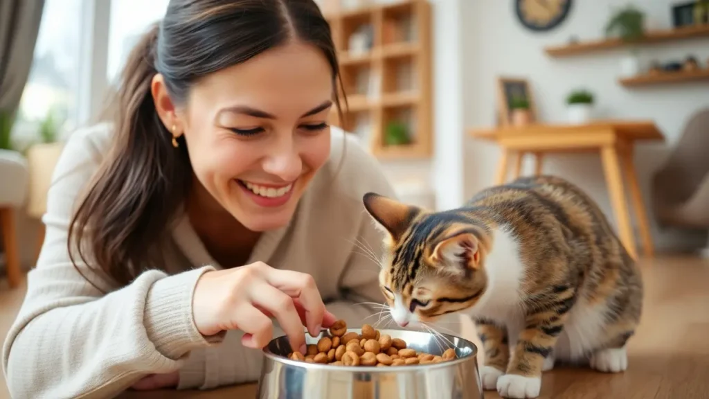 A pet owner feeding their happy cat a meal of Smalls cat food in a cozy home setting.