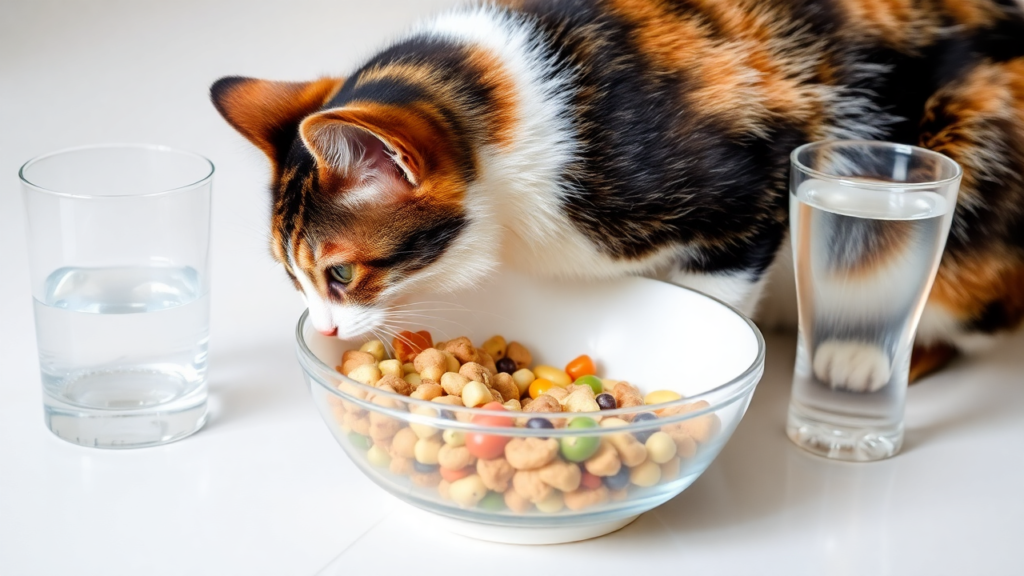 A calico cat eating from a bowl of mixed old and new food during a smooth diet transition.