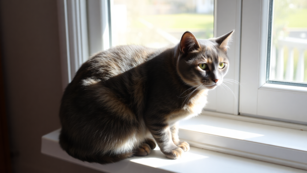 A dilute tortoiseshell cat sitting on a windowsill, its gray and cream fur glowing in natural sunlight