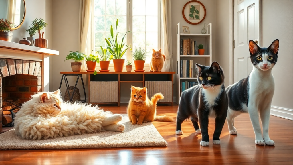 Four curly-haired cat breeds in a cozy living room: Selkirk Rex, LaPerm, Devon Rex, and Cornish Rex, each showcased in their natural environment.