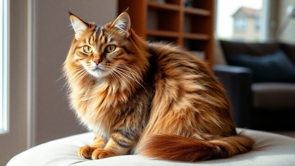 A Maine Coon cat with a brown tabby coat sitting indoors on a soft cushion.