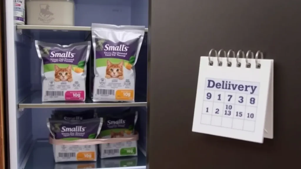 Smalls cat food packs stored neatly in a refrigerator alongside a calendar showing a delivery day.