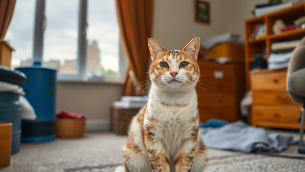 A tense cat sitting in a cluttered room with external stressors visible through a window.