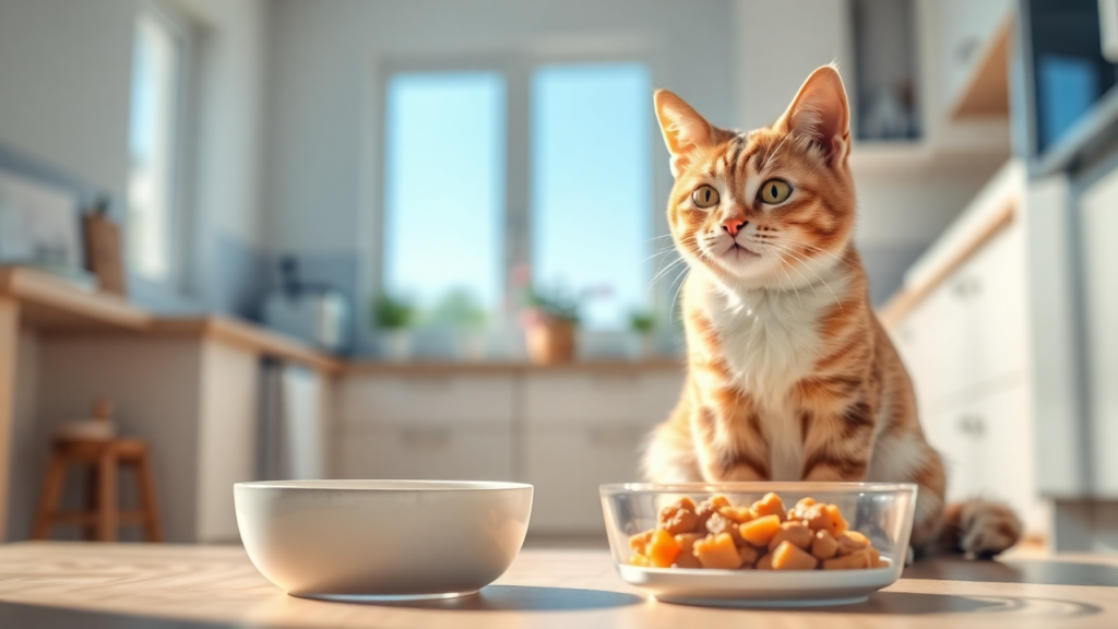 A healthy, playful cat in a sunlit kitchen, eyeing a bowl of natural wet cat food.