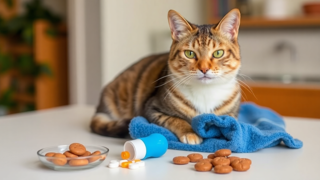 A calm cat sitting on a table with medication tools like a pill popper, towel, and treats prepared nearby.