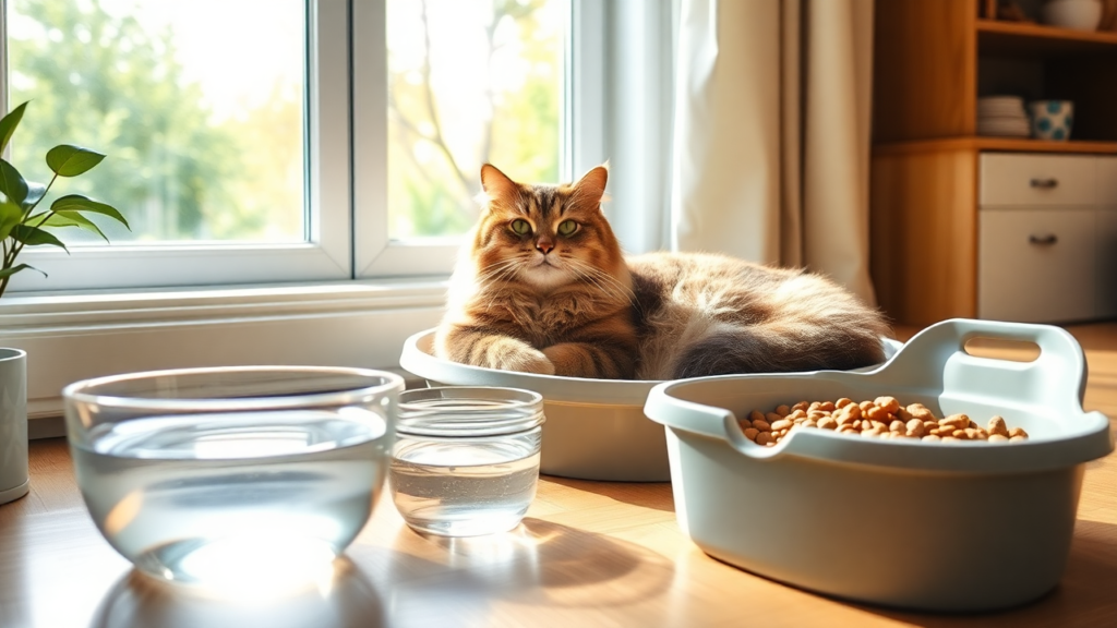 A healthy, relaxed domestic cat lounging by a sunny window in a clean home environment.