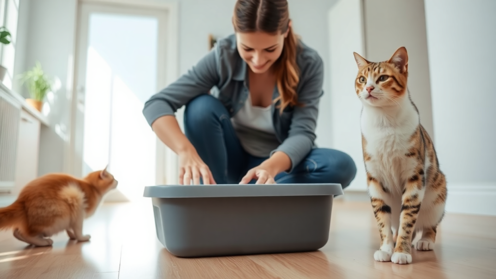 A cat owner cleaning a litter box while their healthy cat watches from a distance.