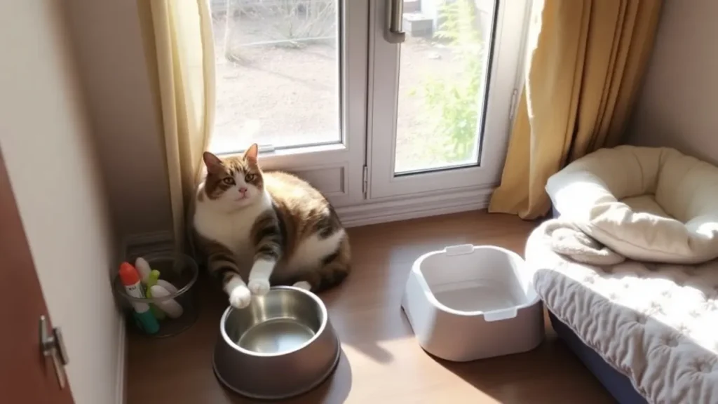 A happy cat playing in a clean home environment with prevention tips displayed.