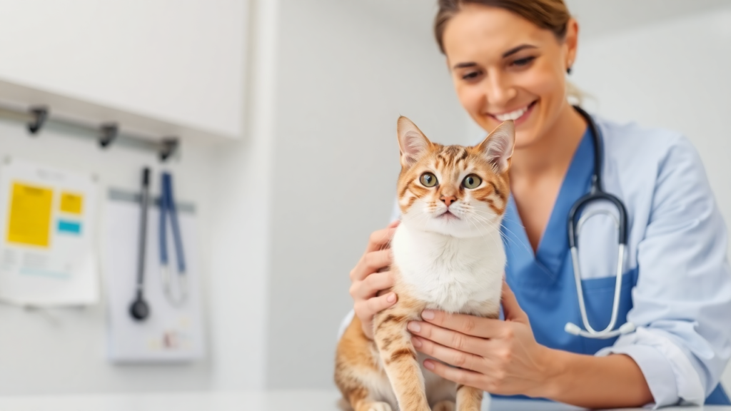 A veterinarian examining a healthy cat in a clean clinic environment.