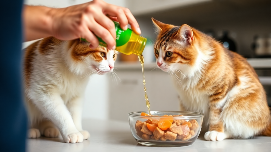 A cat owner carefully mixing fish oil into a cat’s food bowl.