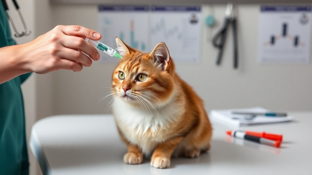 A veterinarian using a syringe to administer medicine to a calm cat on an examination table.