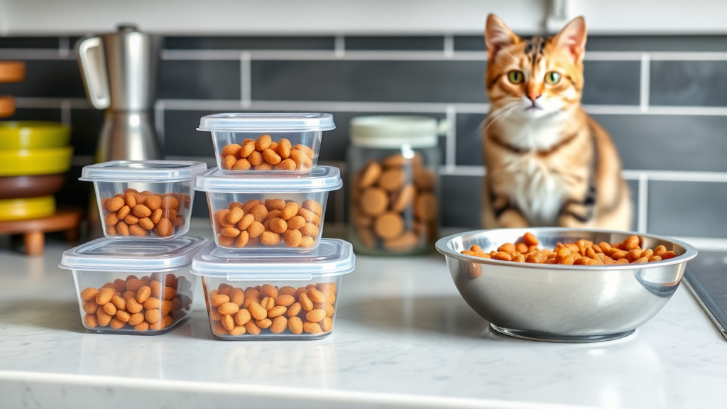 A well-organized kitchen counter with food storage containers and a clean bowl of room-temperature wet food.