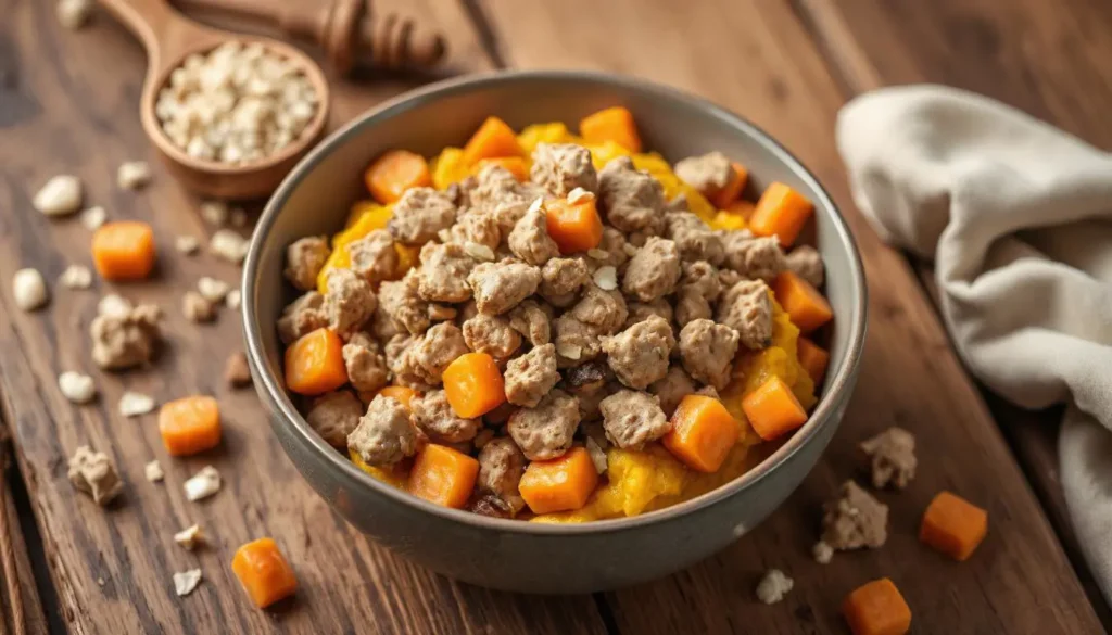 A bowl of cat food made with ground turkey, pureed pumpkin, and carrots, garnished with psyllium husk on a rustic table.