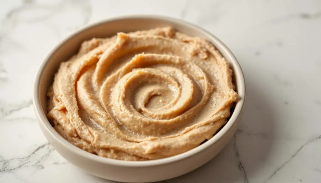 A smooth pate made with duck, pumpkin fiber, and flaxseed, displayed in a small, shallow dish.