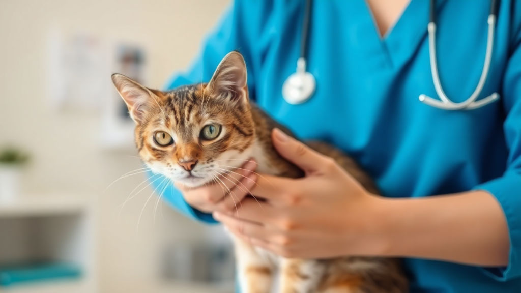 A veterinarian examining a calm cat during a routine health check.