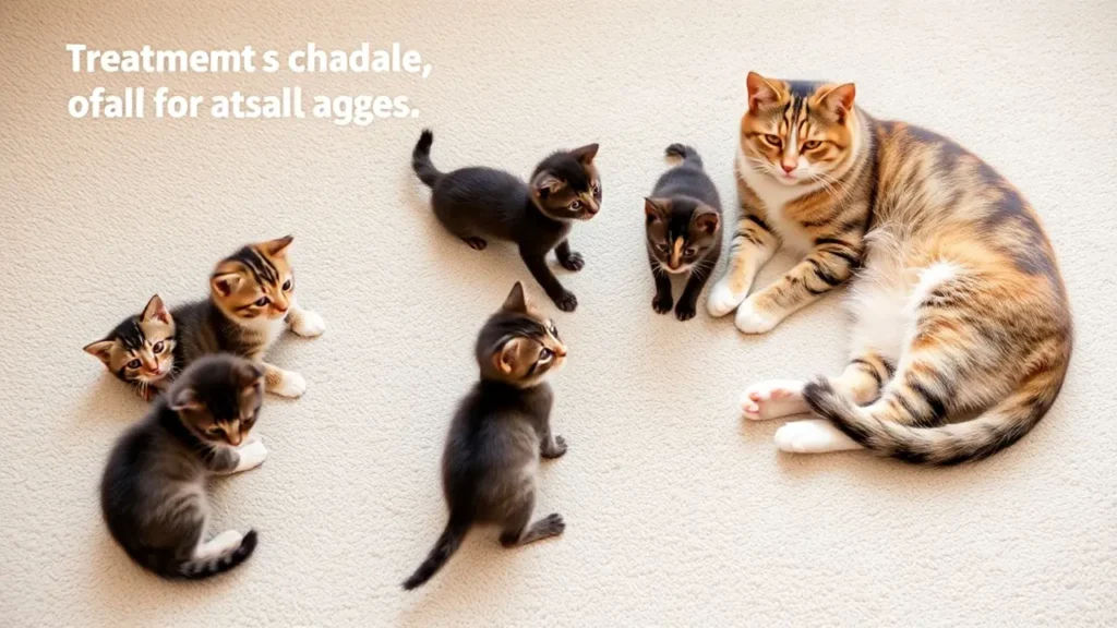 Playful kittens and a relaxed adult cat on a soft carpet.