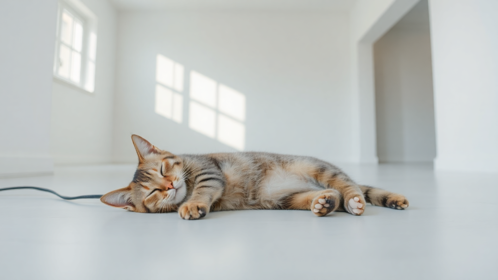 A peaceful cat resting in a spacious, tidy, and well-ventilated living room.