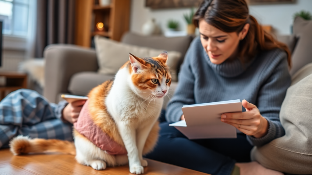 A pet owner observing a cat with a bloated abdomen, documenting symptoms on a notepad.