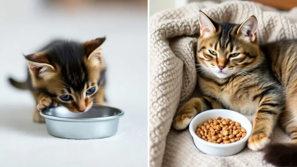 A kitten eating from a small bowl and a senior cat resting on a cozy blanket.