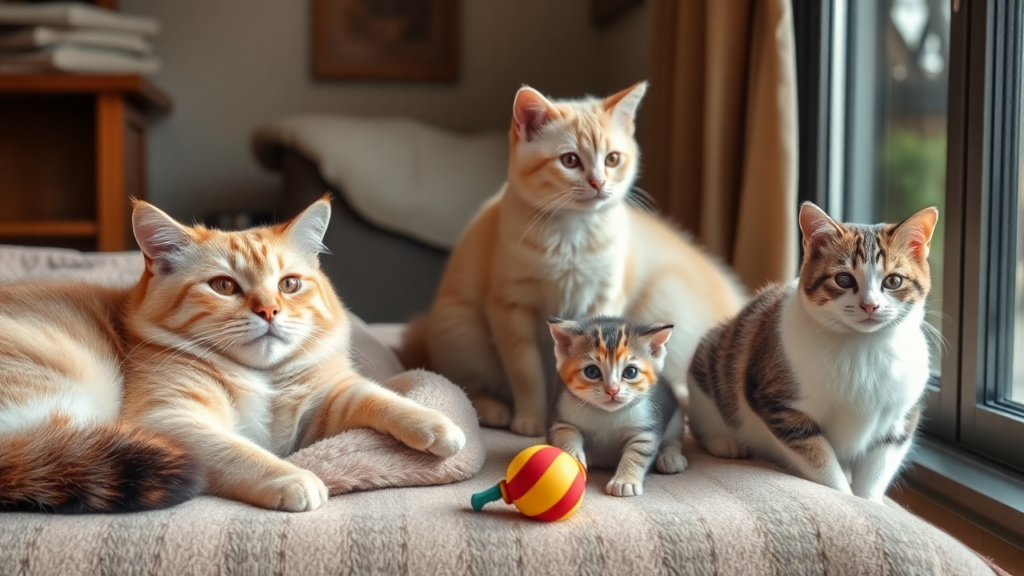 A group of cats: a senior cat resting, a playful kitten, and an indoor cat gazing out a window.