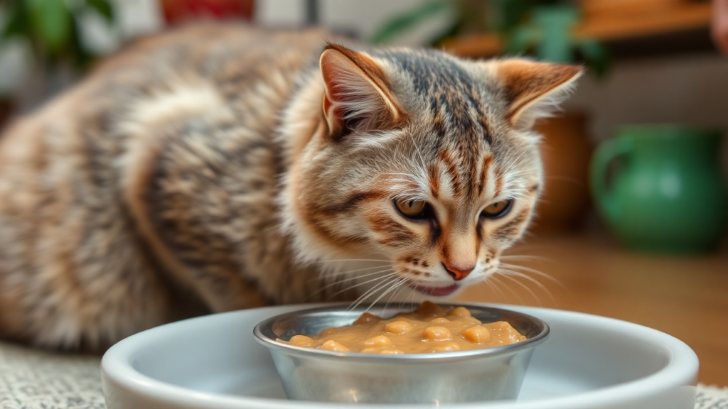 An elderly cat eating soft pâté-style wet cat food from a shallow bowl, with a cozy home setting in the background.