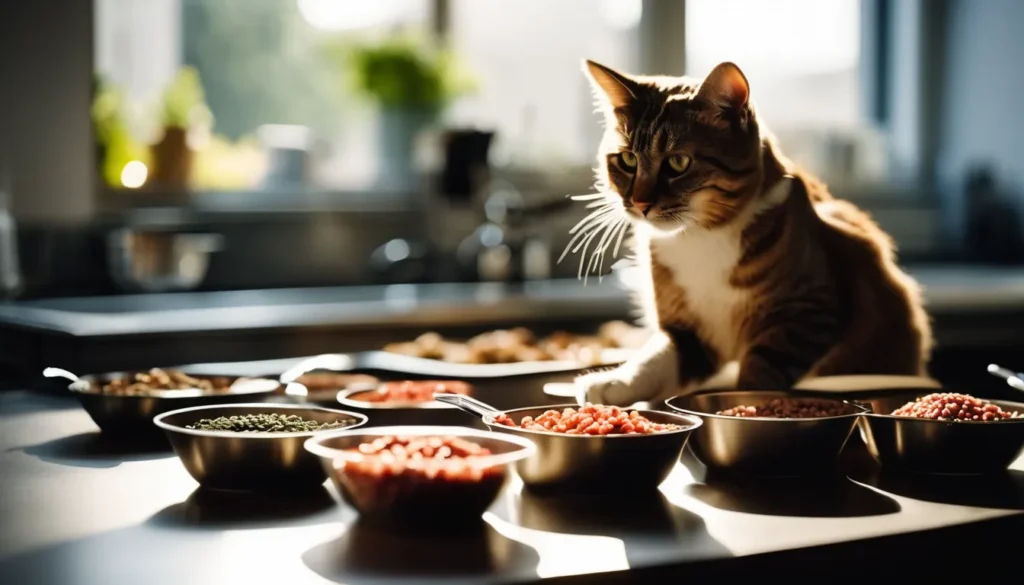 Steps to prepare fresh cat food: chopping meat, mixing ingredients, and portioning into containers for storage.