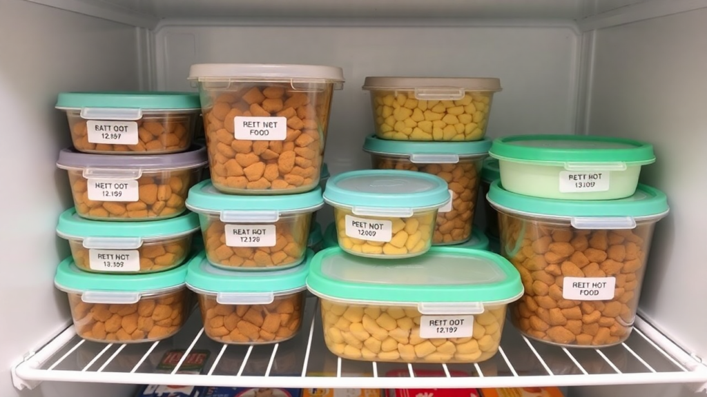 A refrigerator shelf organized with airtight containers holding properly stored wet cat food, each labeled with storage dates.