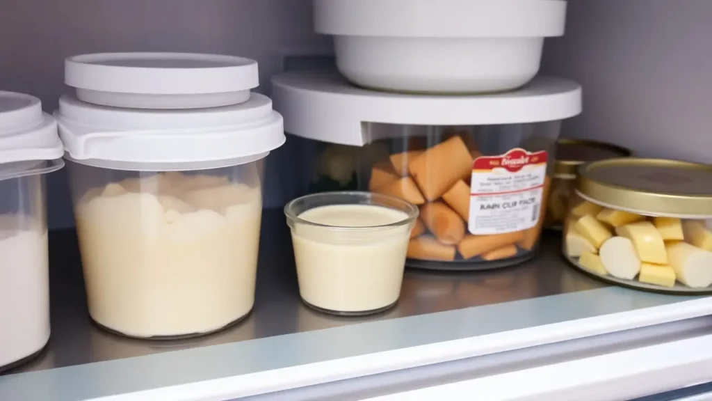 An organized refrigerator shelf with small containers of creamy food.