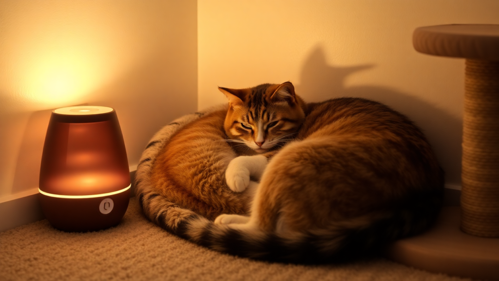 A relaxed cat curled up in a quiet corner with a diffuser and blanket.