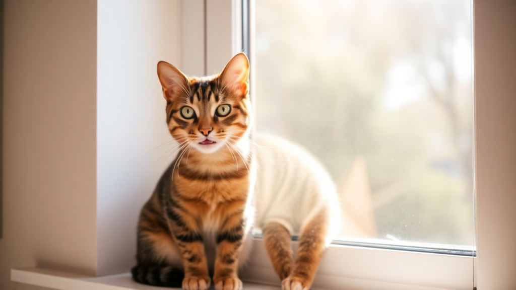 A content tabby cat sitting on a sunlit windowsill, thriving on instinct cat food for optimal health.