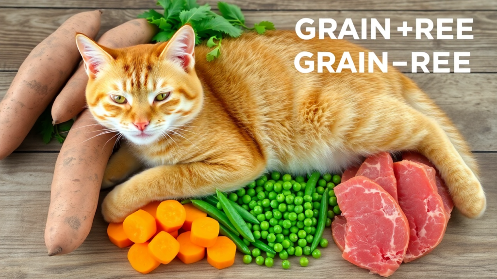 An orange cat resting near fresh, grain-free ingredients like sweet potatoes and raw meat.